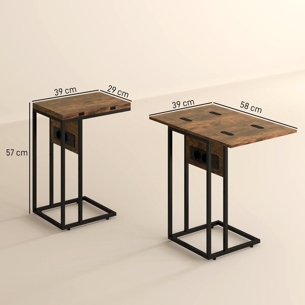 HOMCOM Tavolino da Salotto a C Espandibile con 2 Stazioni di Ricarica, in Legno e Metallo, 39x29x57 cm, Nero e Marrone | Aosom Italy