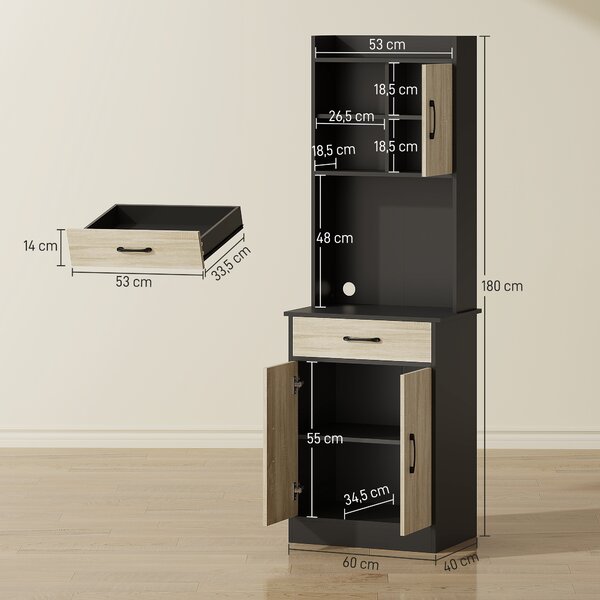 HOMCOM Mobile Dispensa in Legno con Cassetto, 2 Ripiani Aperti e Armadietti, 60x40x180 cm, Nero e color Legno | Aosom Italy