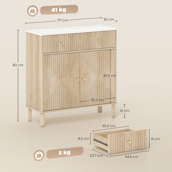 HOMCOM Credenza Buffet in Legno con 2 Cassetti, Armadietto e Piano d'Appoggio Effetto Marmo, 77x30x80 cm, color Rovere | Aosom Italy