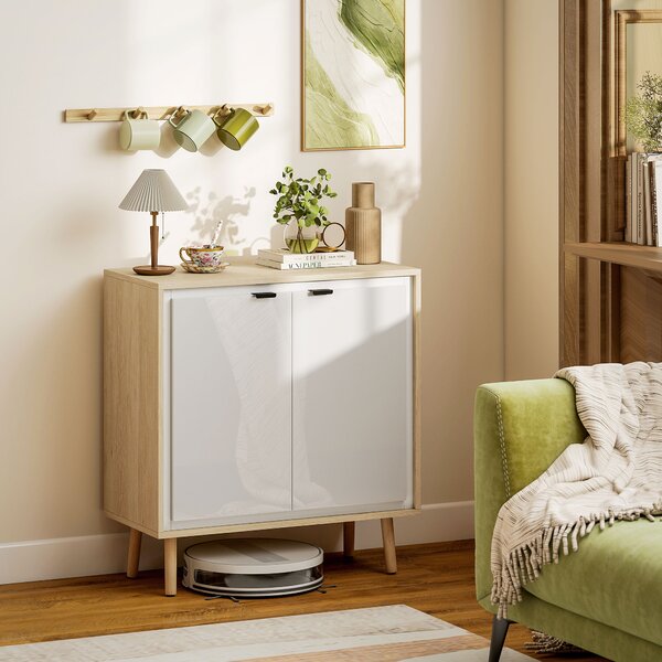 HOMCOM Credenza Moderna a 2 Ante con Ripiano Regolabile, 72x35x77 cm, Bianco Lucido e Rovere | Aosom Italy
