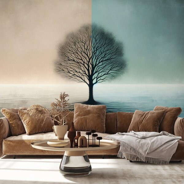 Carta da parati – Albero della vita in contrasto blu-beige