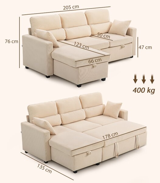 HOMCOM Divano Letto Angolare con Vano Contenitore, Rivestimento in Velluto a Coste e 2 Cuscini, 205x135x76 cm, Beige | Aosom Italy