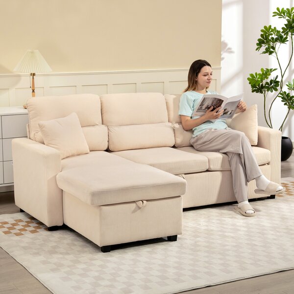 HOMCOM Divano Letto Angolare con Vano Contenitore, Rivestimento in Velluto a Coste e 2 Cuscini, 205x135x76 cm, Beige | Aosom Italy