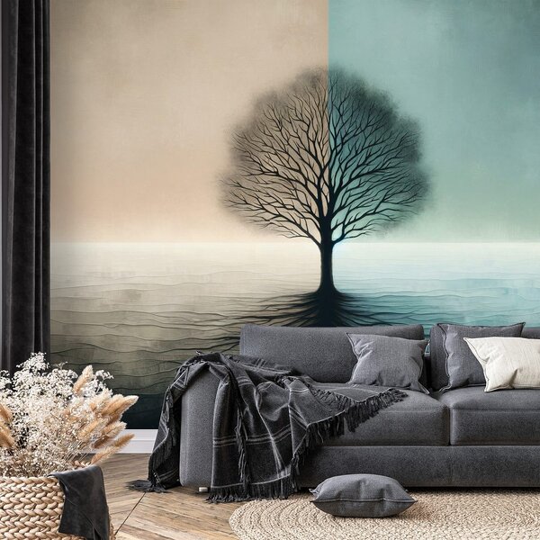 Carta da parati – Albero della vita in contrasto blu-beige