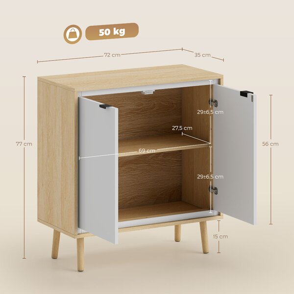 HOMCOM Credenza Moderna a 2 Ante con Ripiano Regolabile, 72x35x77 cm, Bianco Lucido e Rovere | Aosom Italy