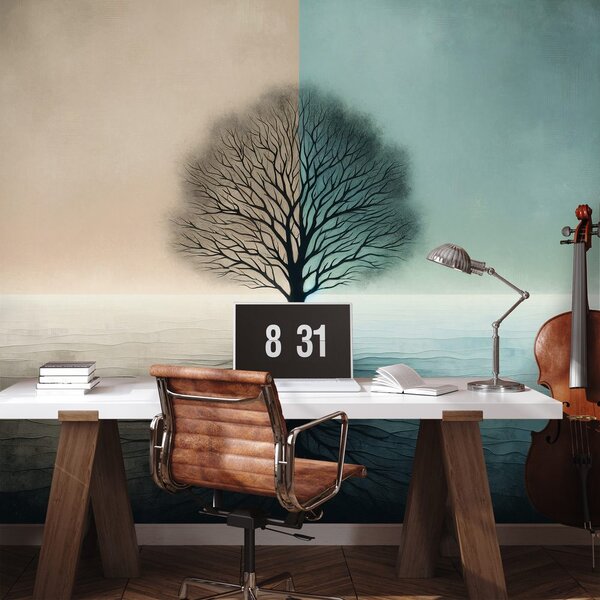 Carta da parati – Albero della vita in contrasto blu-beige