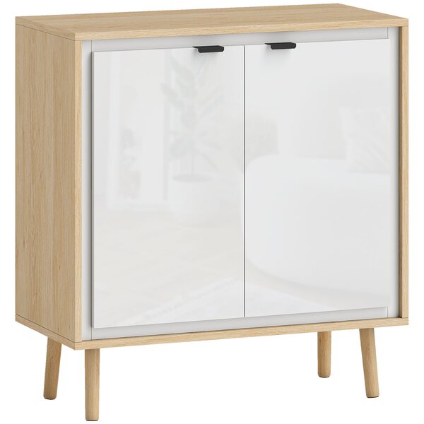 HOMCOM Credenza Moderna a 2 Ante con Ripiano Regolabile, 72x35x77 cm, Bianco Lucido e Rovere | Aosom Italy