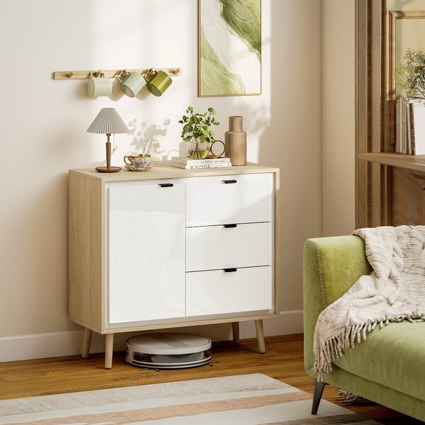 HOMCOM Credenza Moderna con 3 Cassetti e Armadietto, Ripiano Interno Regolabile e Ante Lucide, Bianco e Rovere | Aosom Italy