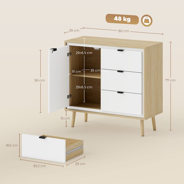 HOMCOM Credenza Moderna con 3 Cassetti e Armadietto, Ripiano Interno Regolabile e Ante Lucide, Bianco e Rovere | Aosom Italy