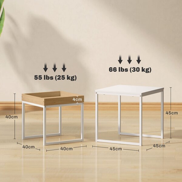 HOMCOM Set di Tavolini da Caffè Impilabili Moderni con Vassoio, 45x45x45 cm, Bianco e Rovere | Aosom Italy