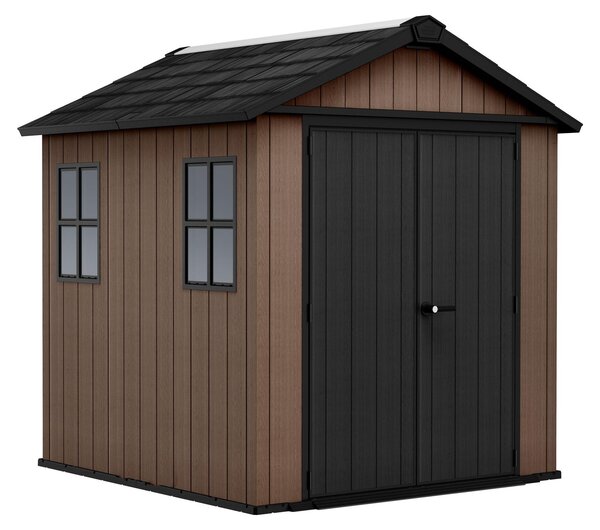 Newton + 757/775 - Casetta da Giardino 223x246x230 cm 2 Ante per deposito attrezzi finitura effetto legno Evotech+ in Resina Marrone e Nero