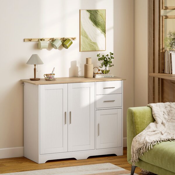 HOMCOM Credenza Moderna in Legno con 2 Cassetti e 2 Armadietti, 100x40x78 cm, Bianco e color Legno | Aosom Italy