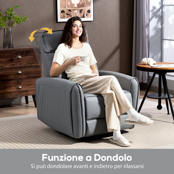 HOMCOM Poltrona Relax Reclinabile Manualmente con Poggiapiedi in Tessuto Effetto Pelle e Base Girevole, Grigio | Aosom Italy