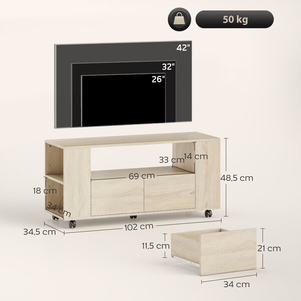 HOMCOM Mobile Porta TV da 42" con Ruote Girevoli e Freno, Ripiani Regolabili e Cassetti, 102x34.5x48.5 cm, Legno | Aosom Italy