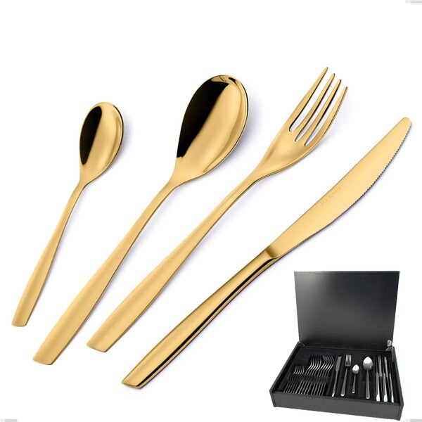 Servizio di posate 24 pezzi in astuccio di legno Eleven PVD Gold, Acciaio 18/10 lucido, spessore 2.5 mm, PVD oro
