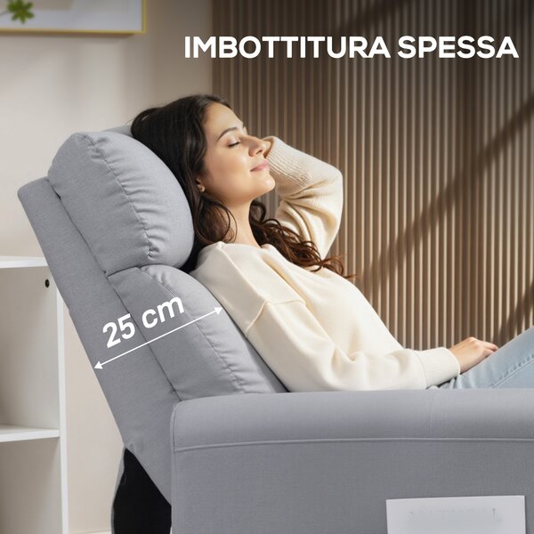 HOMCOM Poltrona Reclinabile 135° max in Tessuto Effetto Lino, Schiuma, Acciaio e Legno, 73x86x100 cm, Grigio Chiaro | Aosom Italy