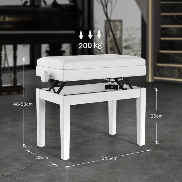 HOMCOM Sgabello Pianoforte Regolabile con Vano Portaoggetti e Seduta Imbottita, 54.5x33x48-58 cm, Bianco | Aosom Italy