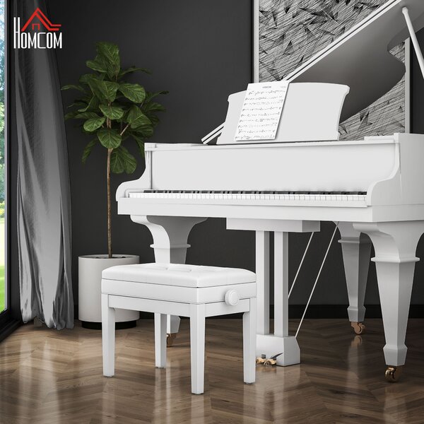 HOMCOM Sgabello Pianoforte Regolabile con Vano Portaoggetti e Seduta Imbottita, 54.5x33x48-58 cm, Bianco | Aosom Italy