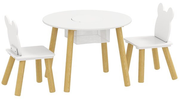 AIYAPLAY Set con Tavolo e 2 Sedie per Bambini con Schienale a Orsetto, Tavolino con Vano Contenitore, Bianco | Aosom Italy