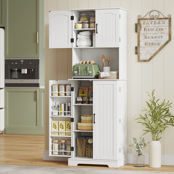 HOMCOM Credenza da Cucina Alta Stile Country, 2 Armadietti e 8 Portaspezie, 60x40x181.5 cm, Bianco | Aosom Italy