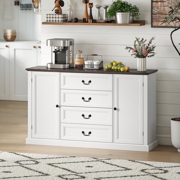 HOMCOM Credenza da Cucina Stile Vintage con 4 Cassetti e 2 Armadietti con Mensole Regolabili, 147x40x87, Legno Bianco | Aosom Italy
