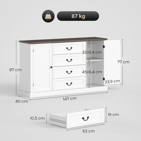 HOMCOM Credenza da Cucina Stile Vintage con 4 Cassetti e 2 Armadietti con Mensole Regolabili, 147x40x87, Legno Bianco | Aosom Italy