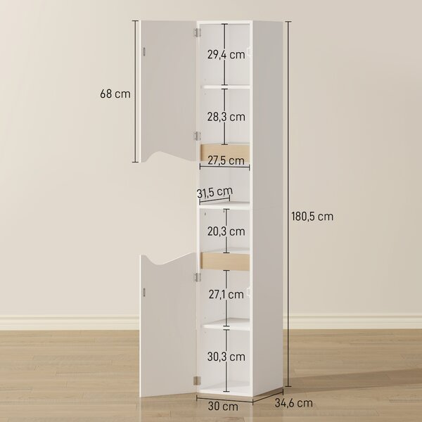HOMCOM Mobile Colonna Bagno in Legno con 2 Ripiani Aperti e 2 Armadietti, 30x34.6x180.5 cm, Bianco e color Legno | Aosom Italy