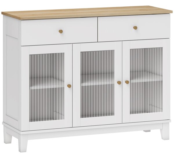 HOMCOM Credenza Cucina con 2 Armadietti e 2 Cassetti, Ante in Vetro Temperato Scanalato, Credenza Buffet Soggiorno con e Ripiani Regolabili, per Sala da Pranzo, 100x35x80.3 cm, Bianco e Rovere | Aosom Italy