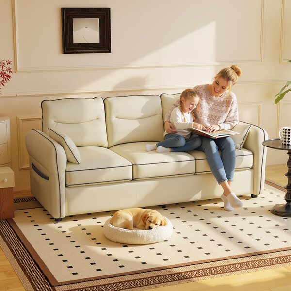 HOMCOM Divano Moderno 3 Posti con Imbottitura Spessa, Tasca Laterale e 2 Cuscini, in Finta Pelle, 190x83x90 cm, Beige | Aosom Italy