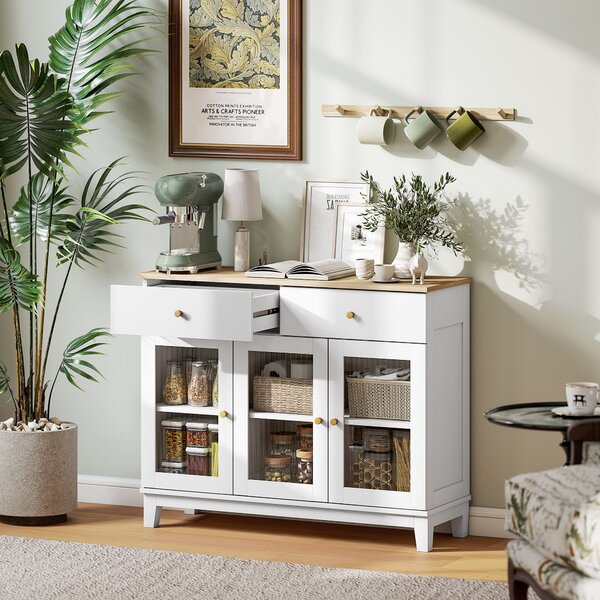 HOMCOM Credenza Cucina con 2 Armadietti e 2 Cassetti, Ante in Vetro Temperato Scanalato, Credenza Buffet Soggiorno con e Ripiani Regolabili, per Sala da Pranzo, 100x35x80.3 cm, Bianco e Rovere | Aosom Italy