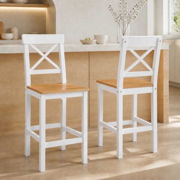 HOMCOM Set di 2 Sgabelli Bar, Sgabelli Cucina Alti con Schienale Alto, Poggiapiedi, in Legno di Pino, Naturale e Bianco | Aosom Italy