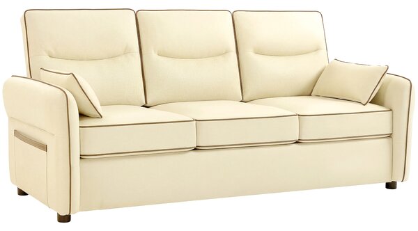 HOMCOM Divano Moderno 3 Posti con Imbottitura Spessa, Tasca Laterale e 2 Cuscini, in Finta Pelle, 190x83x90 cm, Beige | Aosom Italy