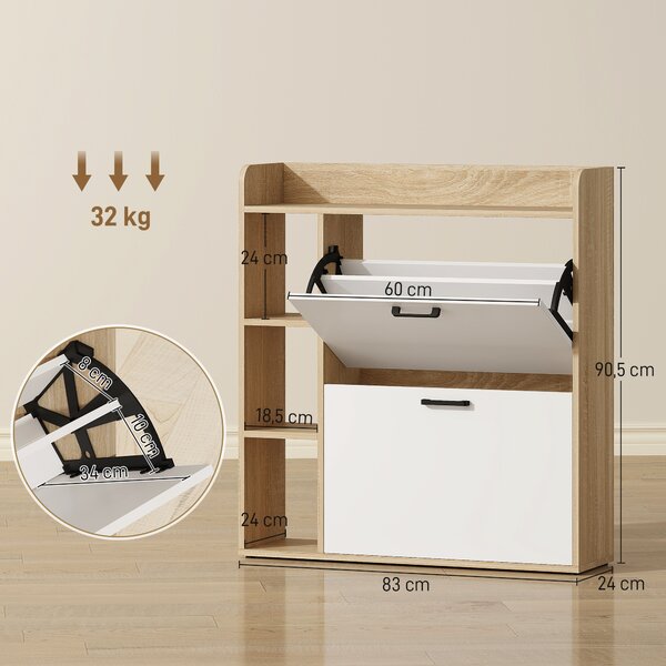 HOMCOM Scarpiera Slim con 2 Cassetti Ribaltabili e 3 Vani Aperti, Capacità 15 Scarpe, 83x24x90.5 cm, Color Legno e Bianco | Aosom Italy