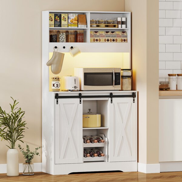 HOMCOM Credenza Cucina con Prese Elettriche, Luce LED, Portabottiglie e Ante Scorrevoli, 100x38x180 cm, Bianco | Aosom Italy