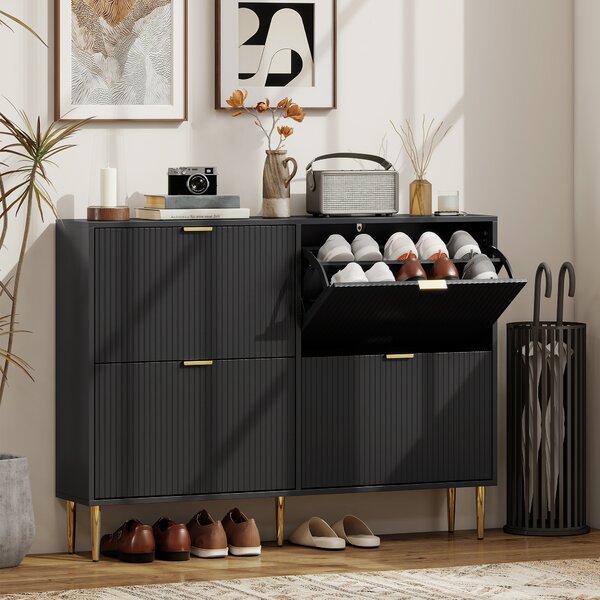 HOMCOM Scarpiera Slim per 20 Paia di Scarpe con 4 Cassetti a Ribalta e Ripiani Regolabili, 105x24x91.5 cm, Nero | Aosom Italy