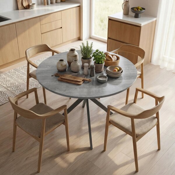 Tavolo da Pranzo Rotondo Stile Industriale Ø100x75 cm con Piano in Truciolare e Gambe a Croce in Acciaio Grigio