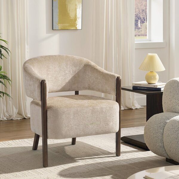 HOMCOM Poltrona da Camera Rivestita in Ciniglia con Struttura e Gambe in Legno Massello, Beige | Aosom Italy