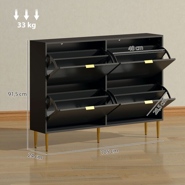 HOMCOM Scarpiera Slim per 20 Paia di Scarpe con 4 Cassetti a Ribalta e Ripiani Regolabili, 105x24x91.5 cm, Nero | Aosom Italy