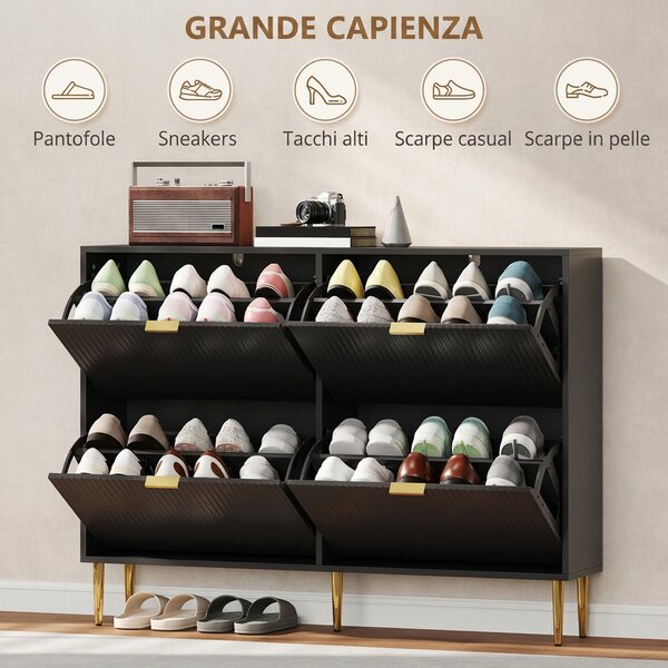 HOMCOM Scarpiera Slim per 20 Paia di Scarpe con 4 Cassetti a Ribalta e Ripiani Regolabili, 105x24x91.5 cm, Nero | Aosom Italy