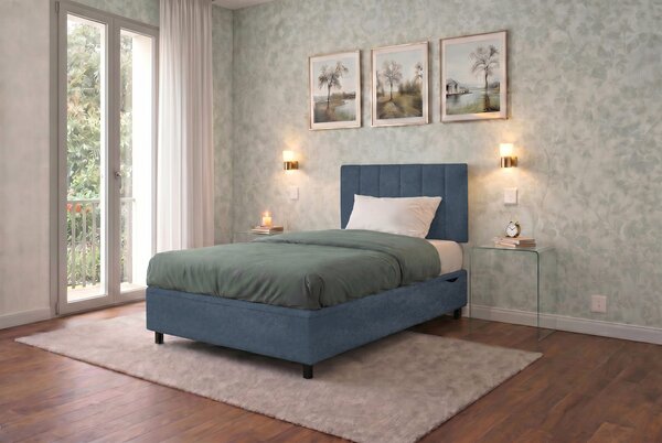 Letto Singolo Contenitore Imbottito 80x190 cm Microfibra Blu BoxMax Testata Vertical