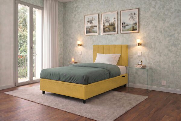 Letto Singolo Contenitore Imbottito 80x190 cm Microfibra Ocra BoxMax Testata Vertical
