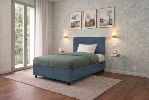 Letto Singolo Contenitore Imbottito 80x190 cm Microfibra Blu BoxMax Testata Button