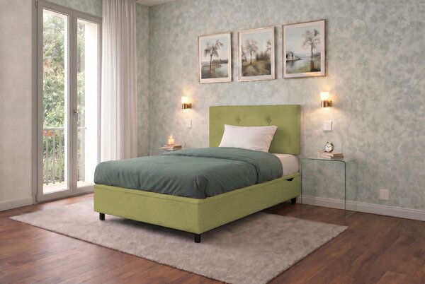 Letto Singolo Contenitore Imbottito 80x190 cm Microfibra Tè Verde BoxMax Testata Button