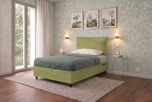 Letto Singolo Contenitore Imbottito 80x190 cm Microfibra Tè Verde BoxMax Testata Soft