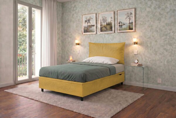 Letto Singolo Contenitore Imbottito 80x190 cm Microfibra Ocra BoxMax Testata Soft