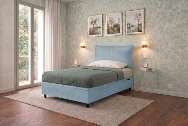 Letto Singolo Contenitore Imbottito 80x190 cm Microfibra Azzurro BoxMax Testata Soft