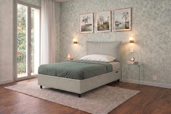 Letto Singolo Contenitore Imbottito 80x190 cm Similpelle Tortora BoxMax Testata Soft