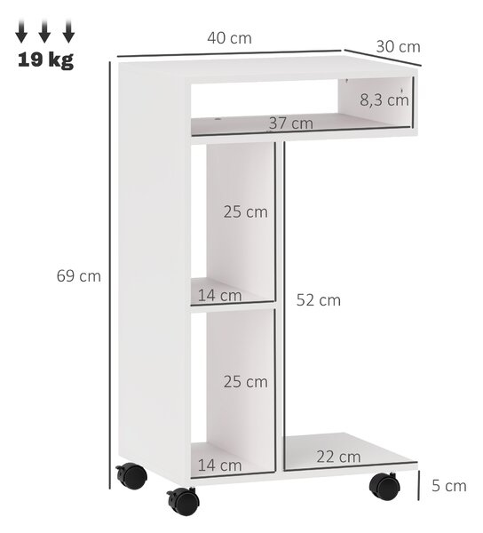 HOMCOM Tavolino da Soggiorno con Rotelle e Mensola Aperta, a Forma di C in Legno, 40x30x69 cm, Bianco | Aosom Italy