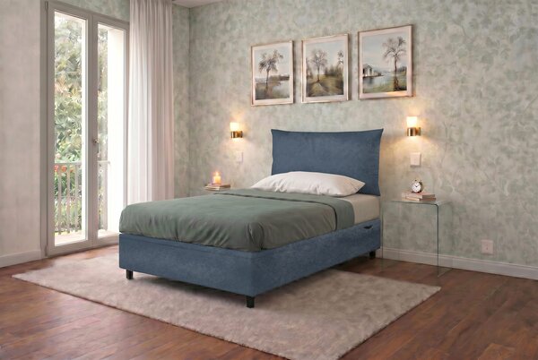 Letto Singolo Contenitore Imbottito 80x190 cm Microfibra Blu BoxMax Testata Soft