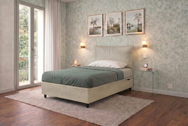Letto Singolo Contenitore Imbottito 80x190 cm Microfibra Sabbia BoxMax Testata Soft
